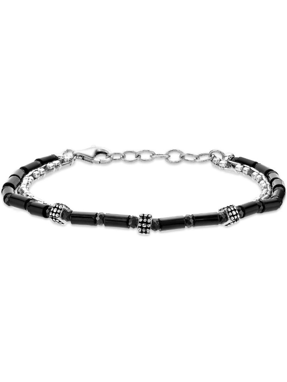 925 Sterling Silver Black Agate & Spinel Bracelet, Round Box Chain, 8 IN